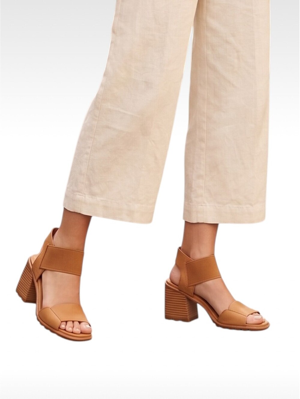 Sorel Nadia Tan Leather Open Toe Block Heel Elastic Slip-On Sandals Womens 8 GUC